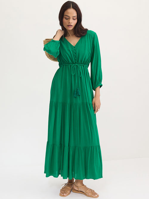 Bright Green Crinkled Tiered Maxi Dress