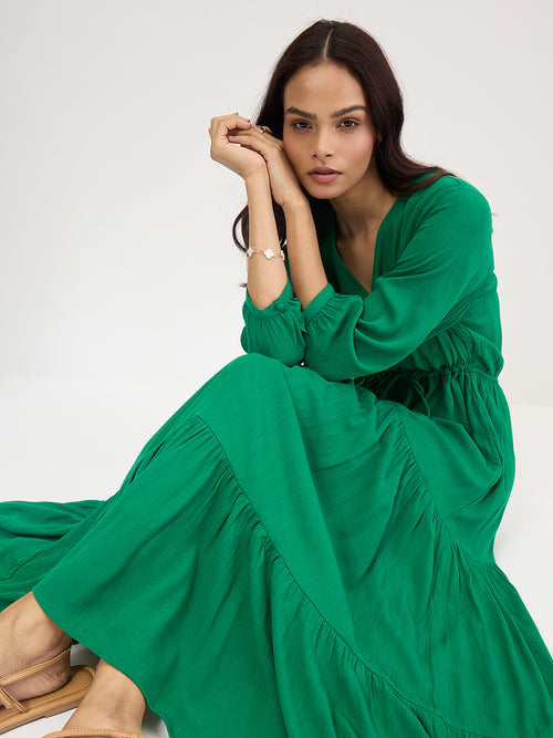 Bright Green Crinkled Tiered Maxi Dress