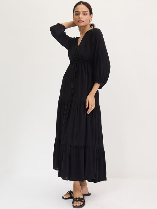 Black Crinkled Tiered Maxi Dress