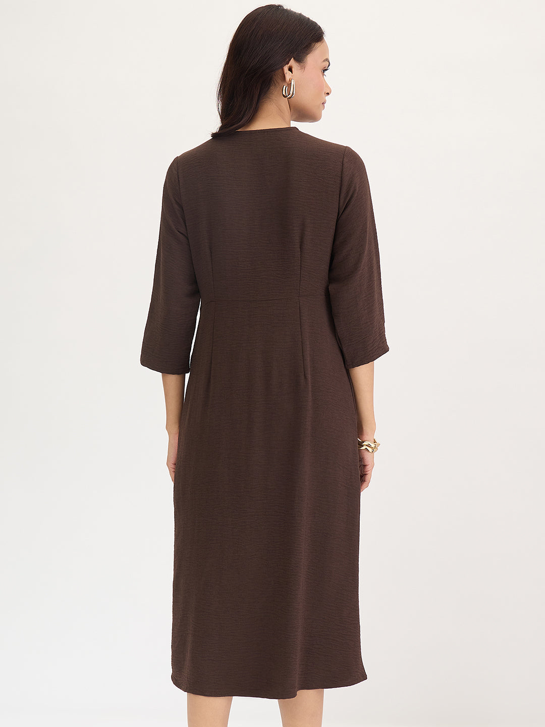 Brown Front Twist Detail Midi Dress