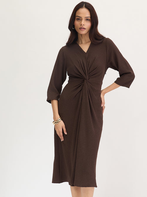 Brown Front Twist Detail Midi Dress