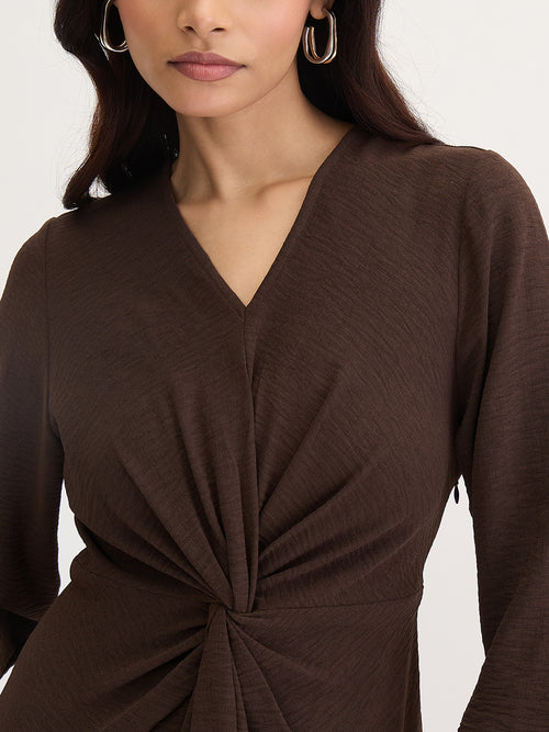 Brown Front Twist Detail Midi Dress