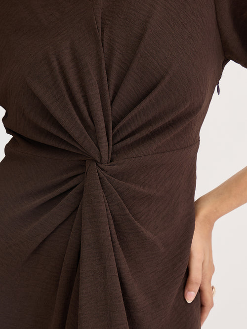 Brown Front Twist Detail Midi Dress