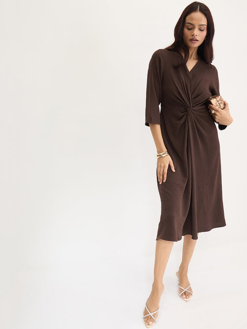 Brown Front Twist Detail Midi Dress
