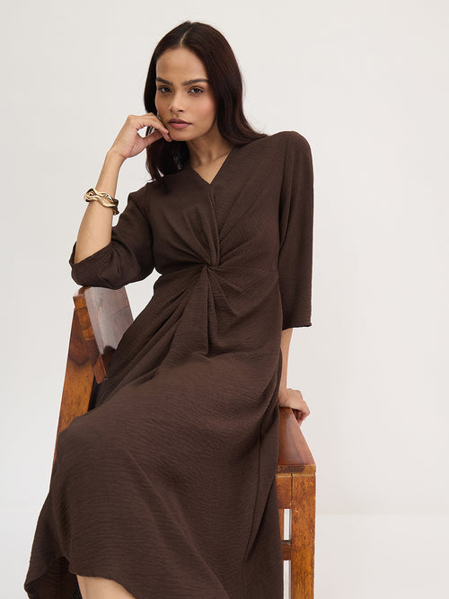 Brown Front Twist Detail Midi Dress