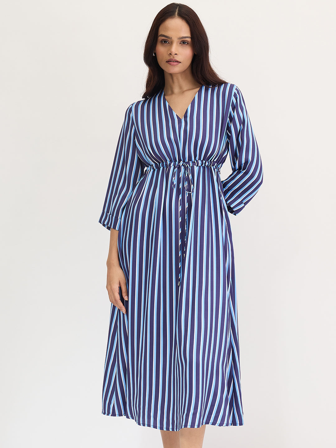 Navy Stripe Wrap Midi Dress