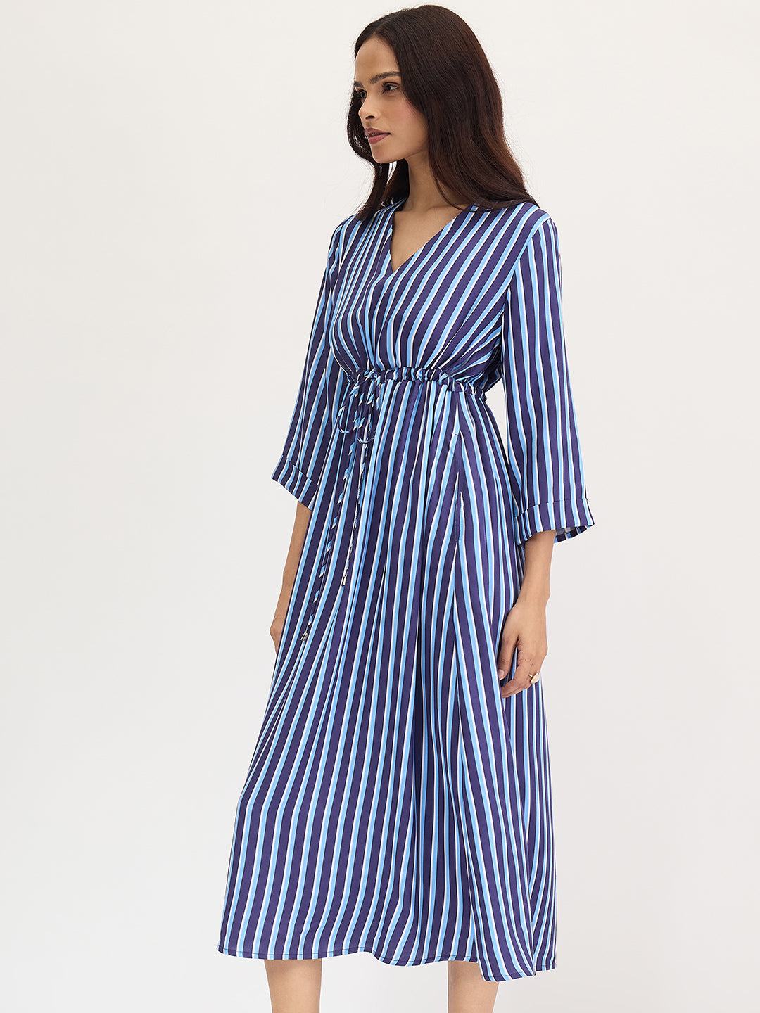 Navy Stripe Wrap Midi Dress