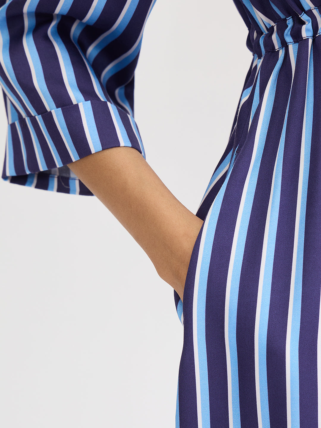 Navy Stripe Wrap Midi Dress