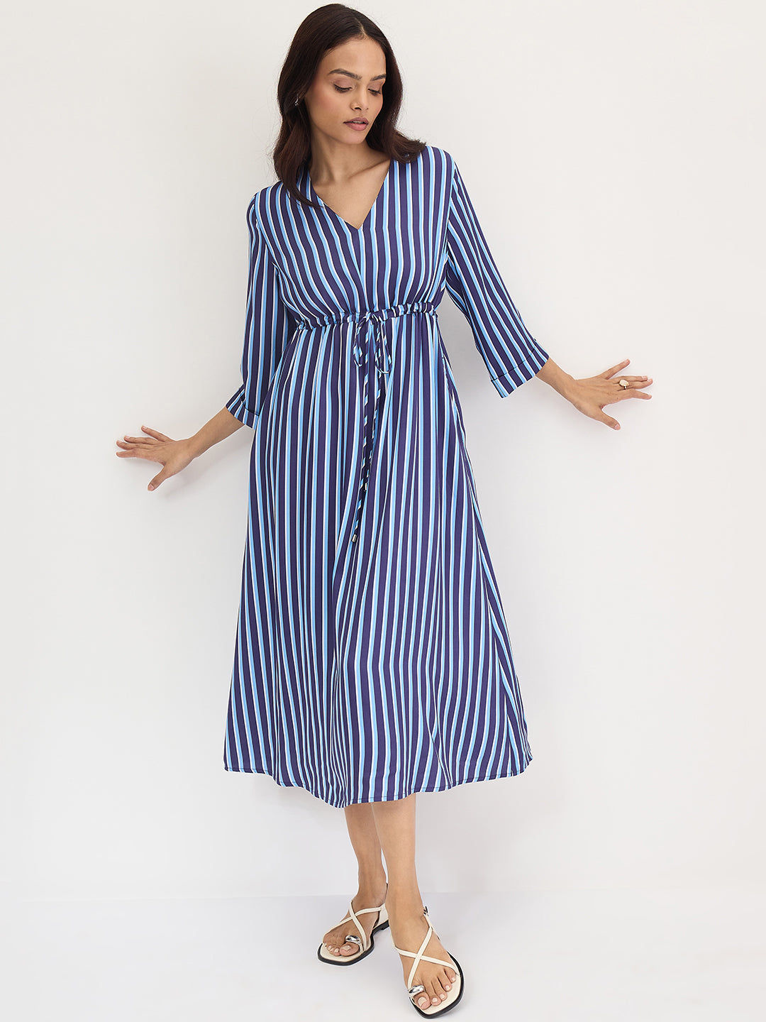 Navy Stripe Wrap Midi Dress