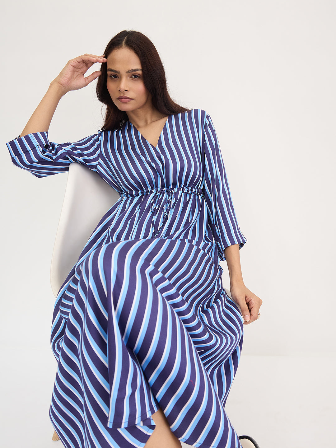Navy Stripe Wrap Midi Dress
