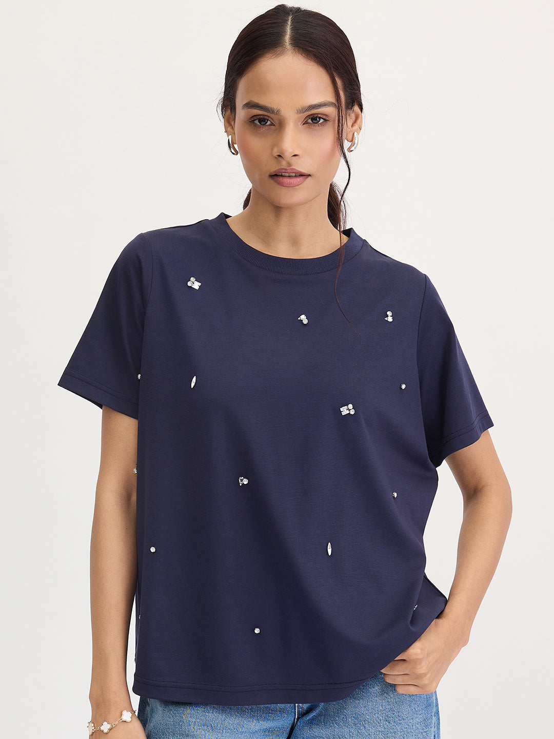 Navy Rhinestone Embellished T-Shirt