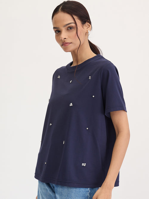 Navy Rhinestone Embellished T-Shirt