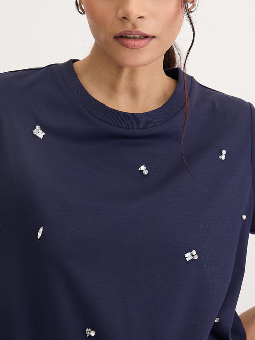 Navy Rhinestone Embellished T-Shirt
