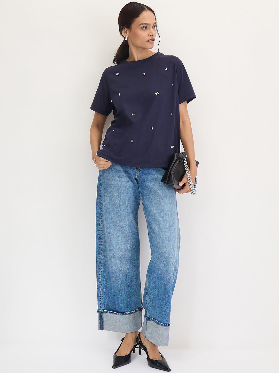 Navy Rhinestone Embellished T-Shirt