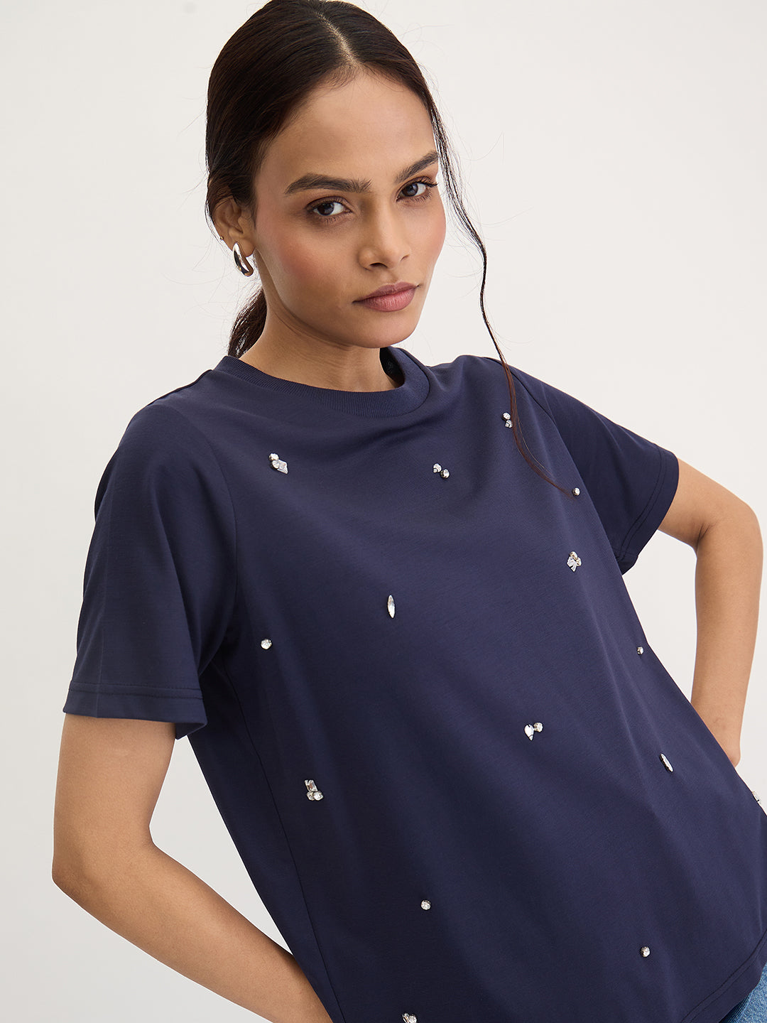 Navy Rhinestone Embellished T-Shirt