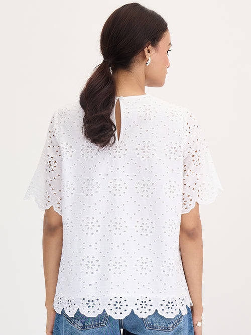 White Cotton Schiffli Top