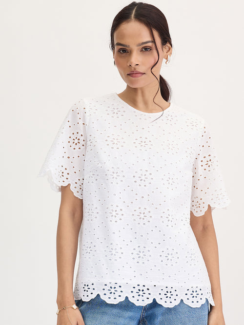 White Cotton Schiffli Top