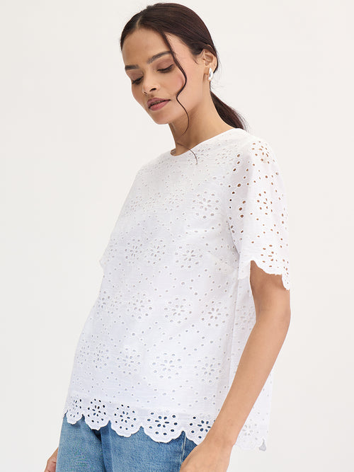 White Cotton Schiffli Top
