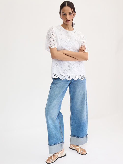 White Cotton Schiffli Top