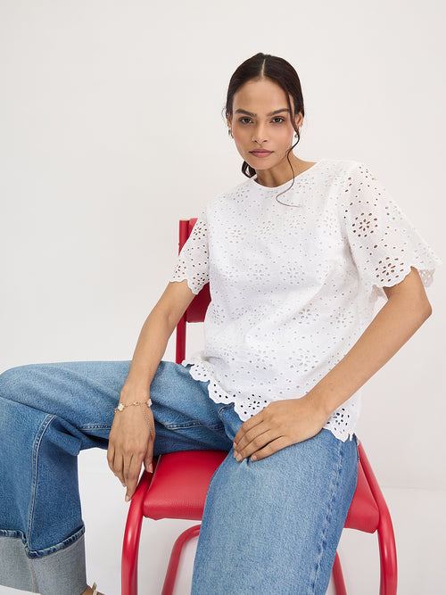White Cotton Schiffli Top
