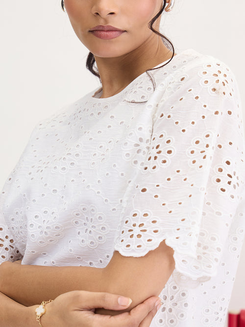 White Cotton Schiffli Top