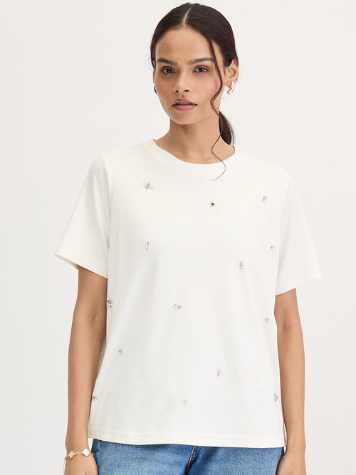 White Rhinestone Embellished T-Shirt