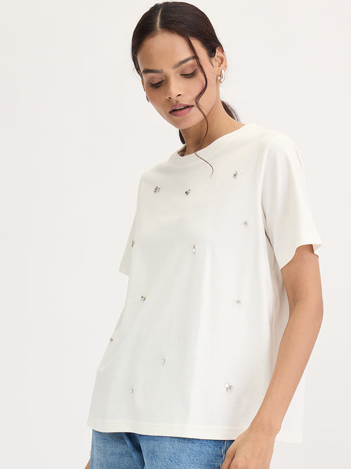 White Rhinestone Embellished T-Shirt