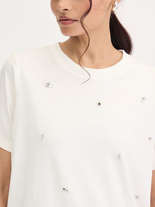 White Rhinestone Embellished T-Shirt