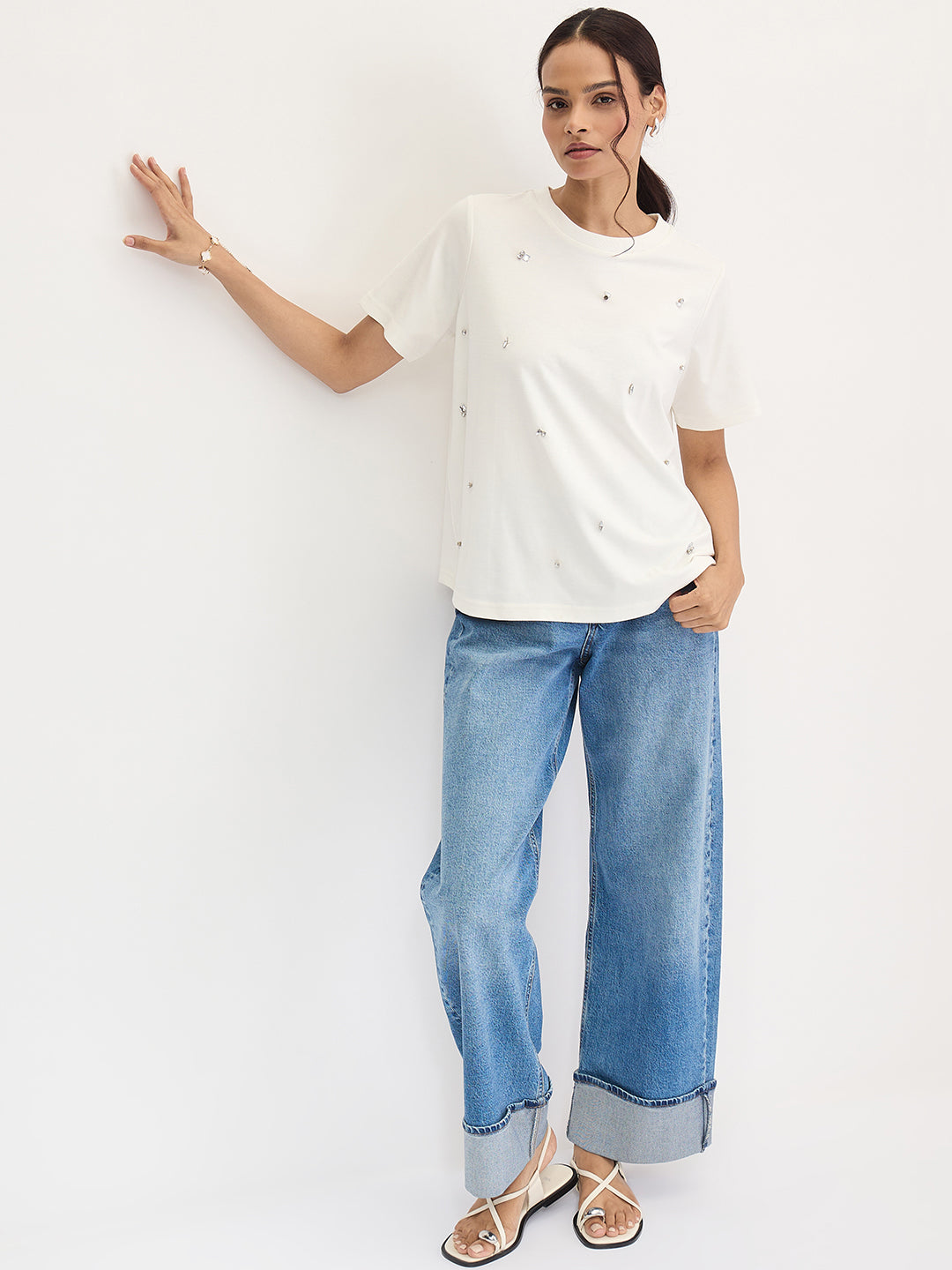 White Rhinestone Embellished T-Shirt
