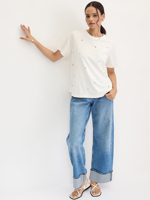 White Rhinestone Embellished T-Shirt