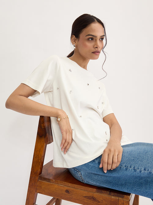 White Rhinestone Embellished T-Shirt