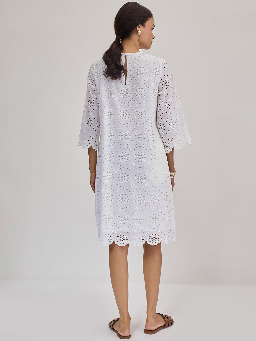 White Cotton Schiffli Knee Length Dress
