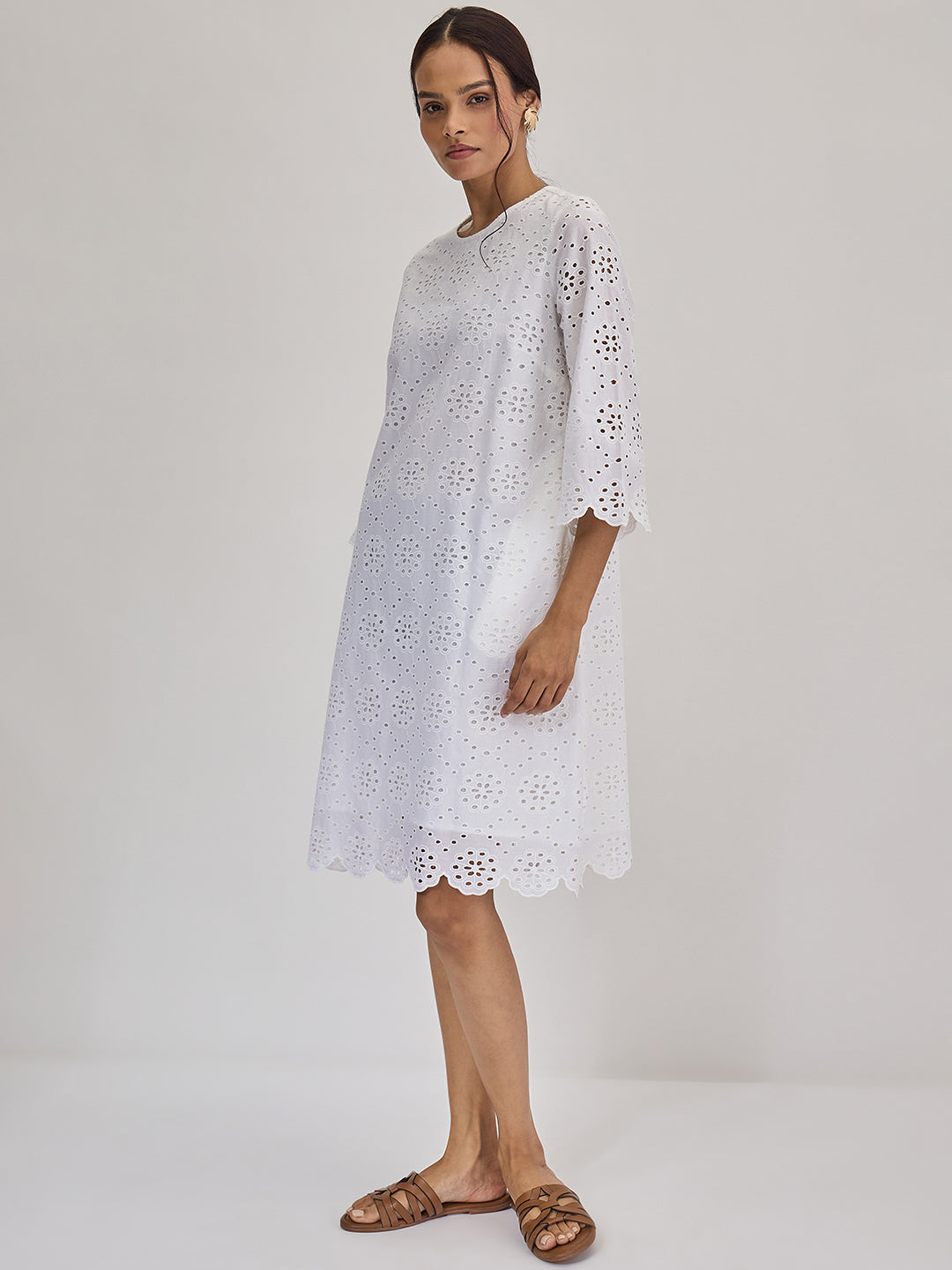 White Cotton Schiffli Knee Length Dress