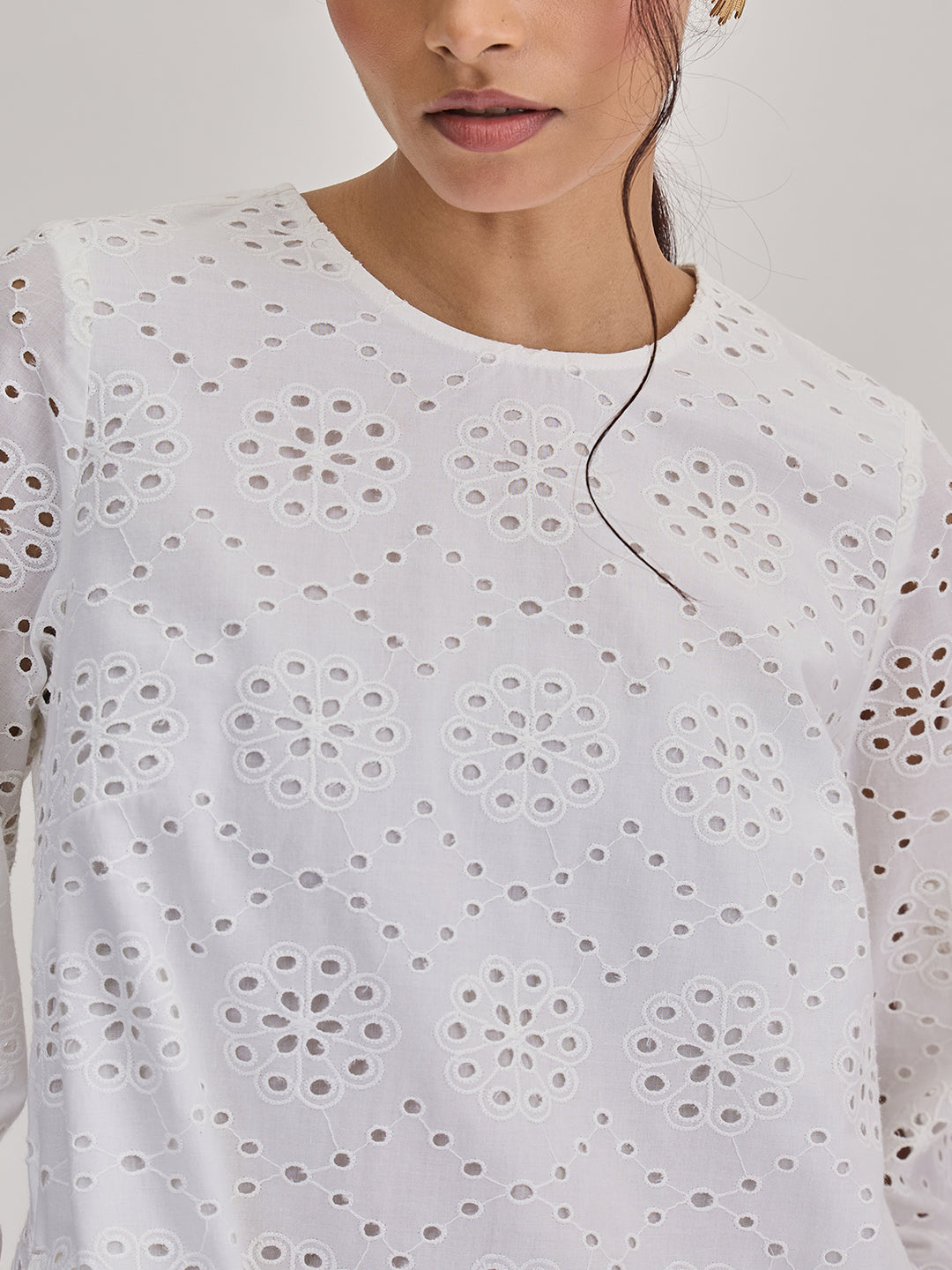 White Cotton Schiffli Knee Length Dress