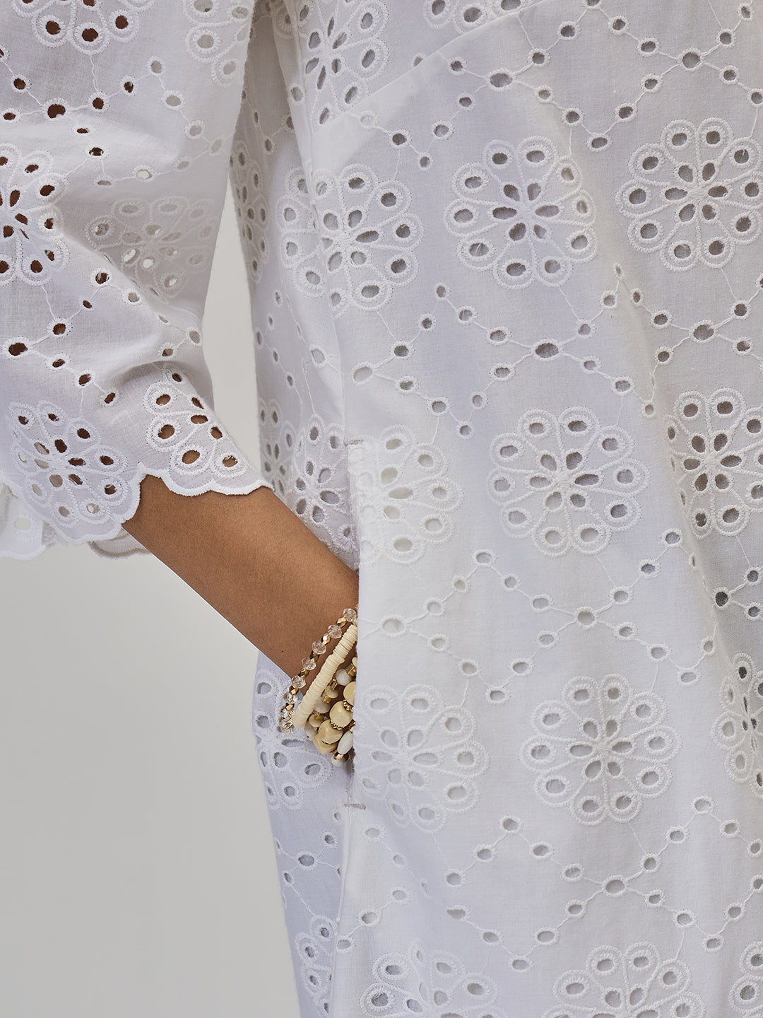 White Cotton Schiffli Knee Length Dress