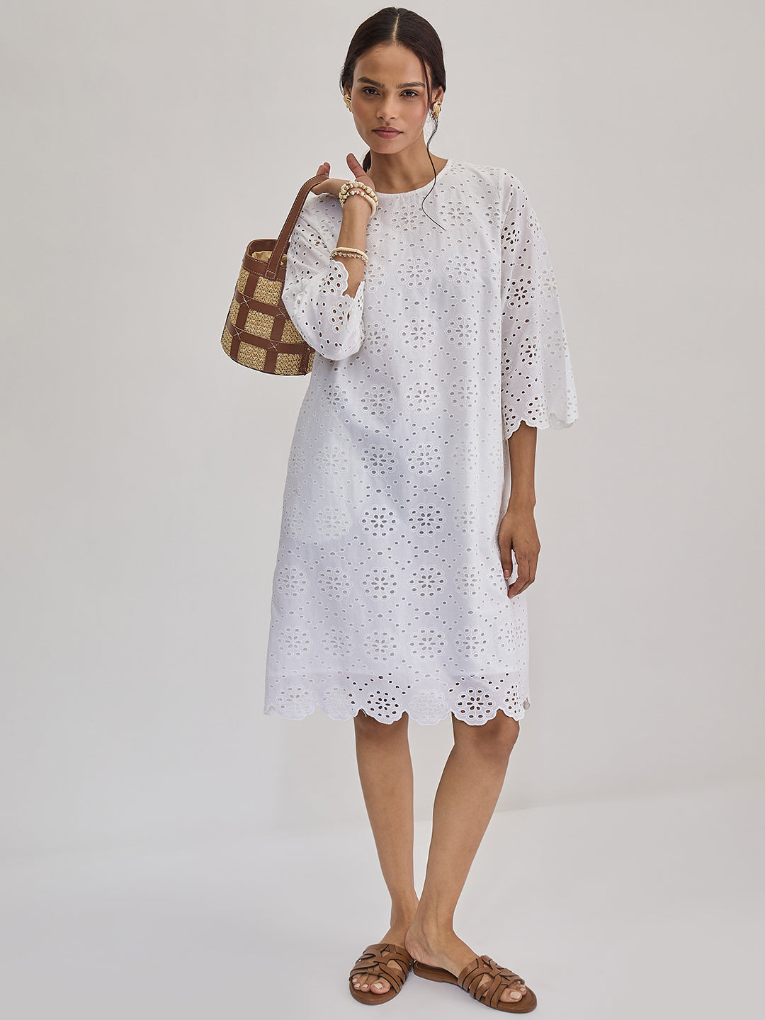 White Cotton Schiffli Knee Length Dress