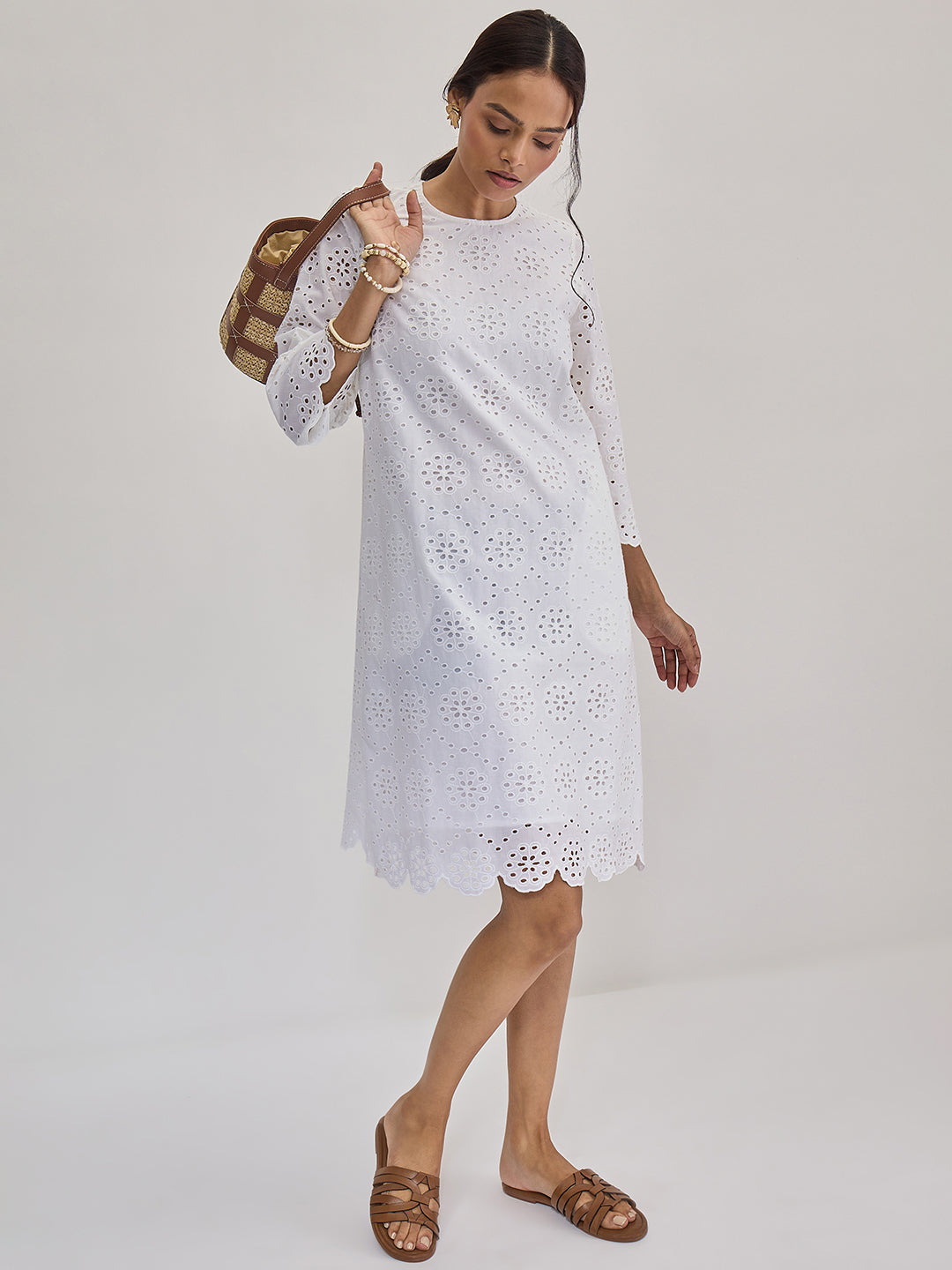 White Cotton Schiffli Knee Length Dress