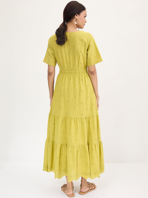 Citrine Green Schiffli Tiered Maxi Dress
