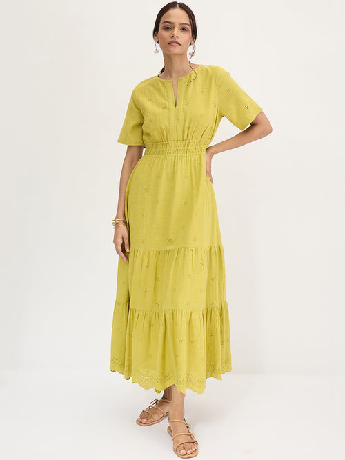 Citrine Green Schiffli Tiered Maxi Dress