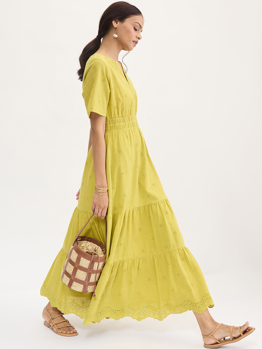 Citrine Green Schiffli Tiered Maxi Dress