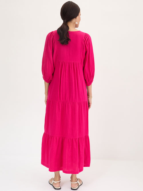 Cotton Gauz Hot Pink Tiered Maxi Dress