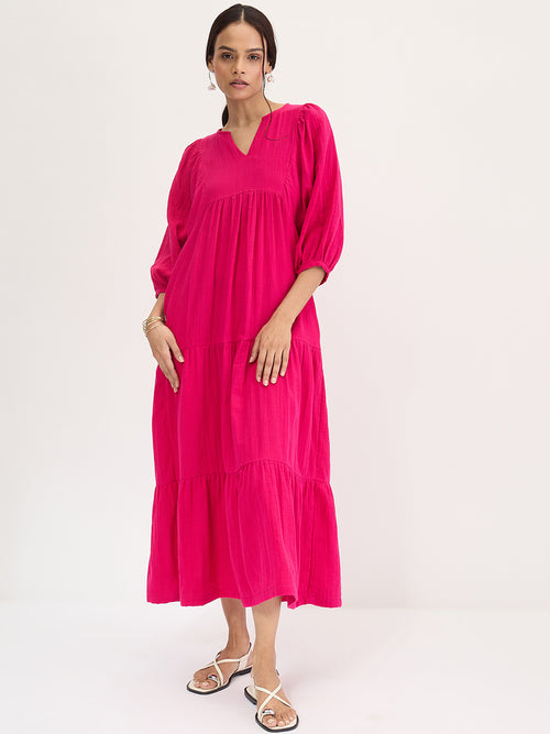Cotton Gauz Hot Pink Tiered Maxi Dress