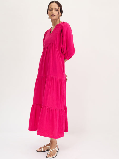 Cotton Gauz Hot Pink Tiered Maxi Dress