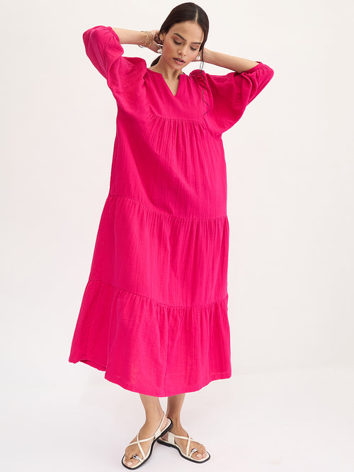 Cotton Gauz Hot Pink Tiered Maxi Dress