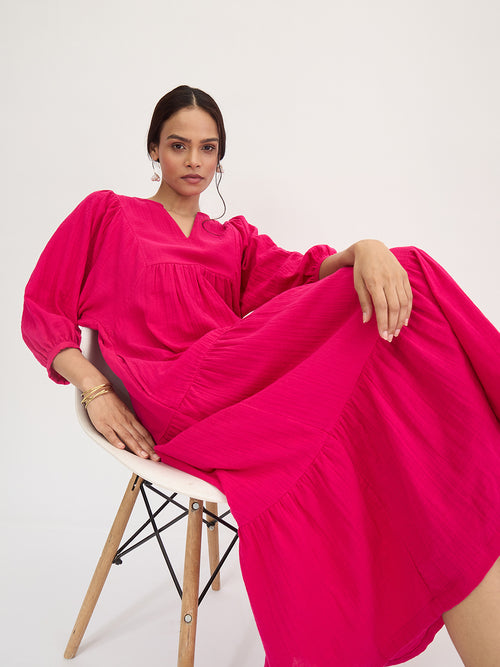 Cotton Gauz Hot Pink Tiered Maxi Dress