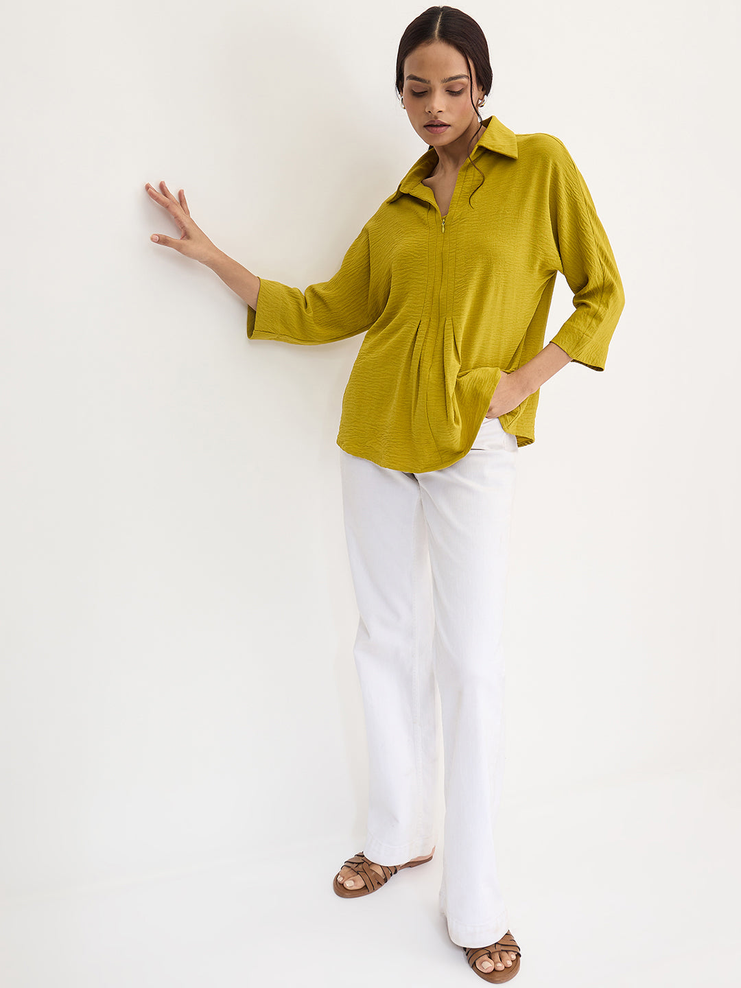 Citrine Green Pleat Detail Top