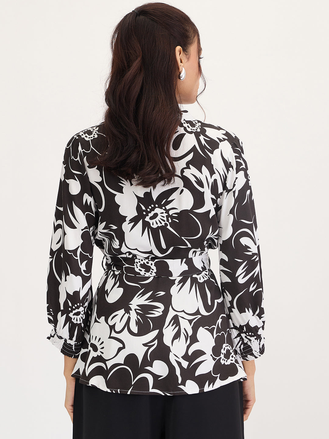 Black And White Floral Print Wrap Top