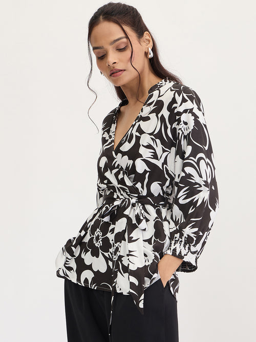 Black And White Floral Print Wrap Top