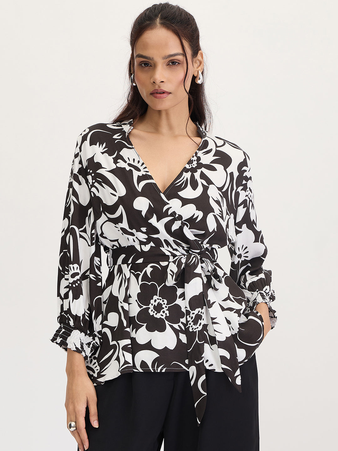 Black And White Floral Print Wrap Top