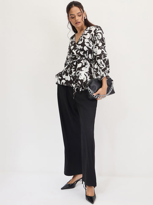 Black And White Floral Print Wrap Top